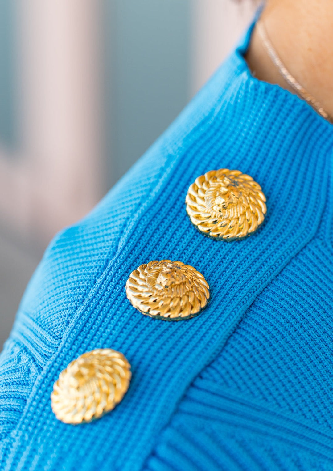 Short Sleeve Knitted Top with Buttons - Serene Blue