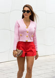 Cropped Ribbed Knitted Cardigan - Baby Pink