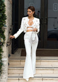 Blazer & Pants Suit Set With Crystal Embellishments - White