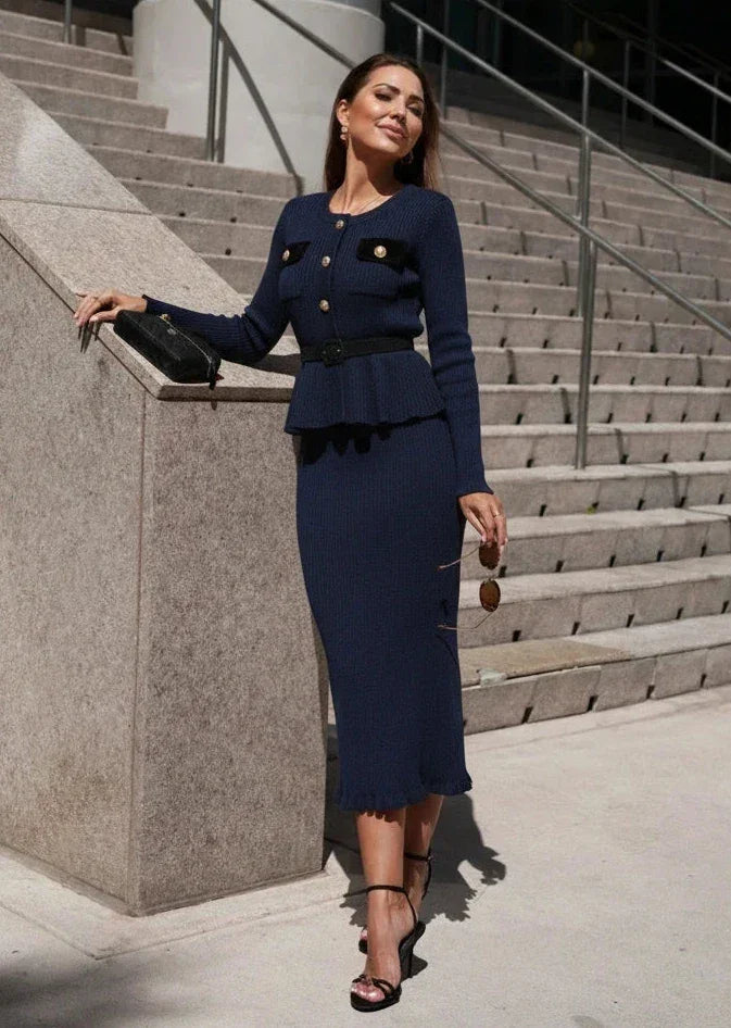 Navy Ribbed Knit Peplum Cardigan & Midi Skirt Set PEGASI L Navy Ribbed Knit Peplum Cardigan & Midi Skirt Set PEGASI L
