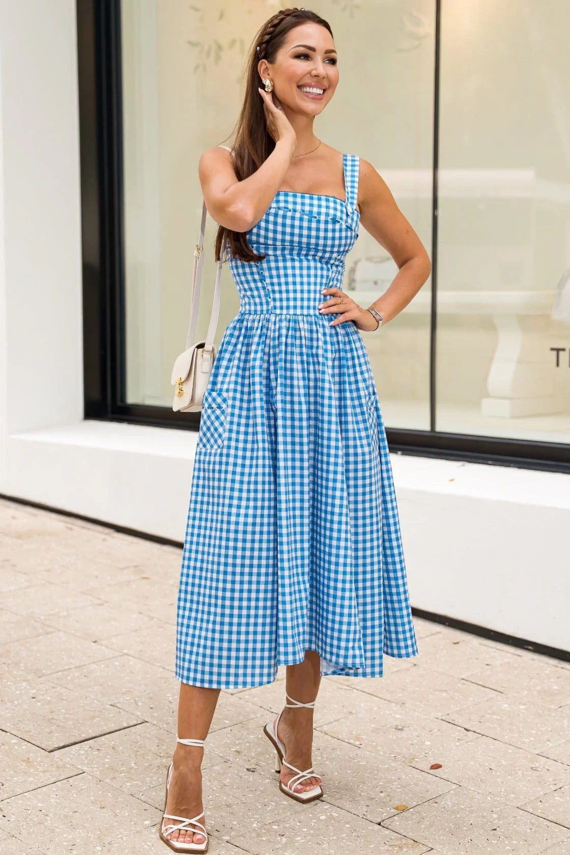 Damian Blue & White Gingham Dress - shoppegasi Damian Blue & White Gingham Dress - shoppegasi