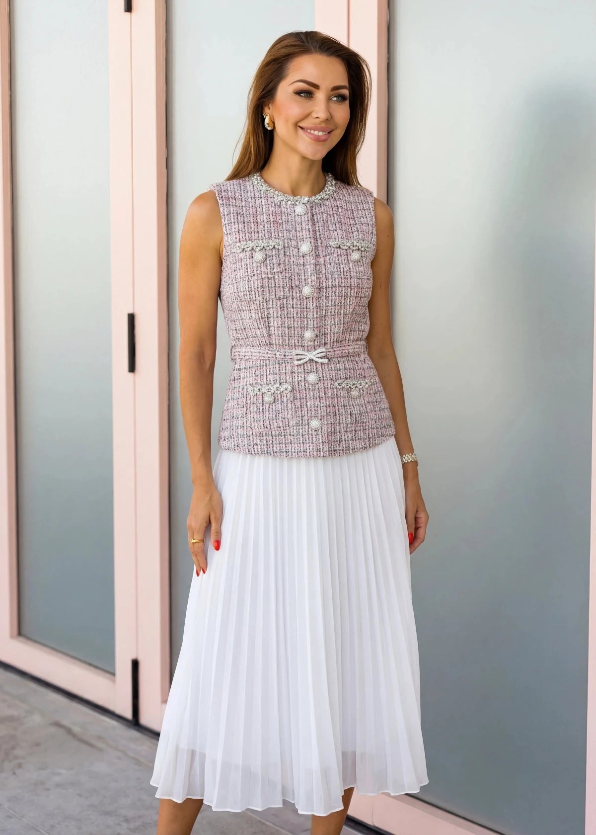 Camille Tweed & Pleated Midi Dress – Elegant Work & Event Outfit – PEGASI