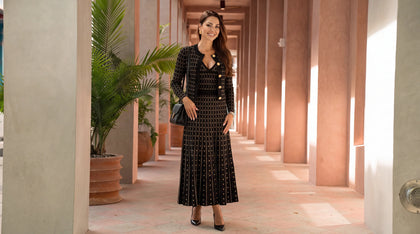 Burgundy ribbed knit belted dress with gold buttons for women 