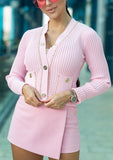 Cropped Ribbed Knitted Cardigan with Pockets & Chain Details - Pink