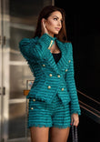 Double Breasted Tweed Blazer & Shorts Set - Emerald Green