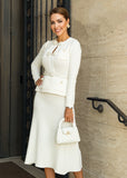 Elegant Allegra white peplum midi dress with a defined belted waist, available at ShopPegasi for versatile day-to-night wear.