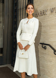 Stunning Allegra white midi dress at ShopPegasi with a peplum silhouette and belted detail, perfect for elegant occasions.