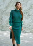 The Ariana emerald green sweater and skirt set offers a cozy yet sophisticated look, ideal for any season.emerald knit skirt set, stylish co-ord outfit, sweater two-piece set, trendy knitwear, winter fashion trends, ShopPegasi luxury wear, elegant sweater dress set