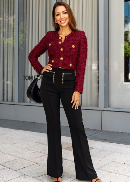 Black High - Waist Tailored Pants with Chain - shoppegasi