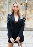 Black satin collar blazer dress with dazzling crystal embellishments, perfect for a glamorous evening