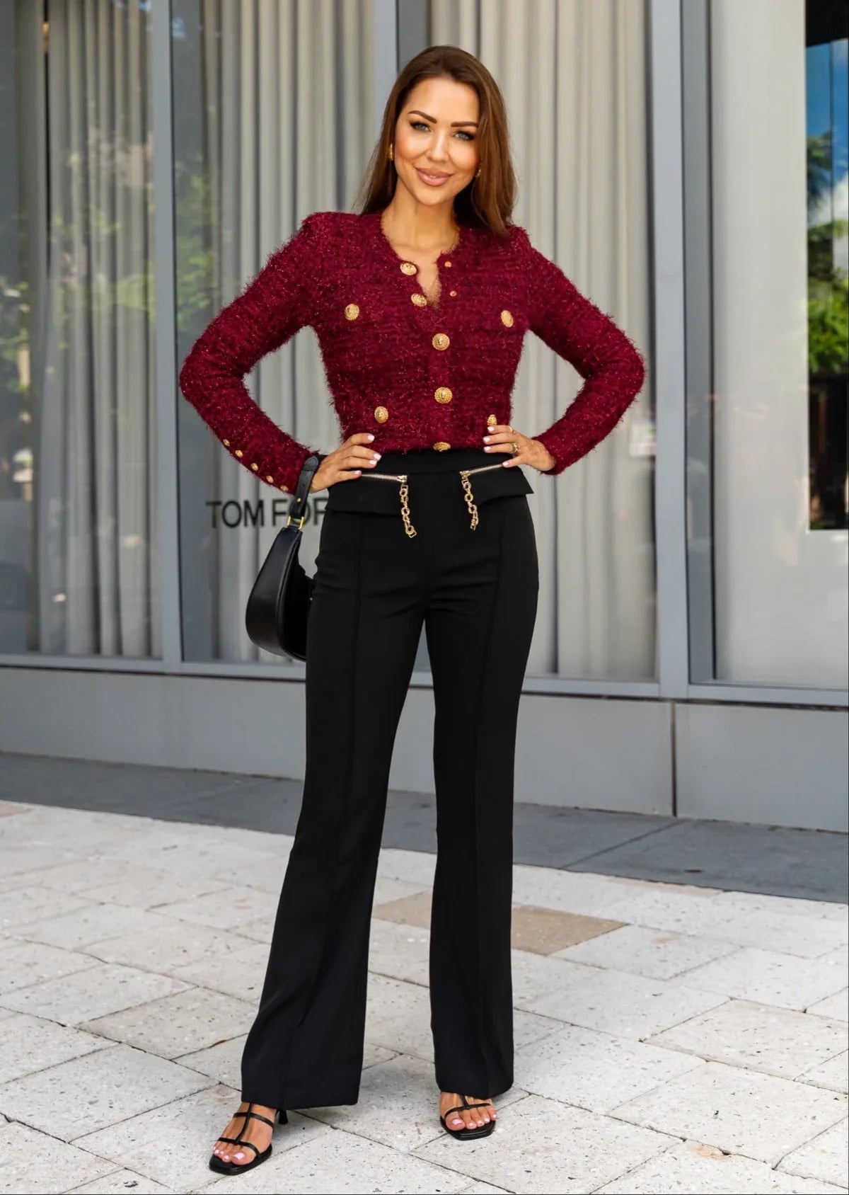 Black High - Waist Tailored Pants with Chain - shoppegasi