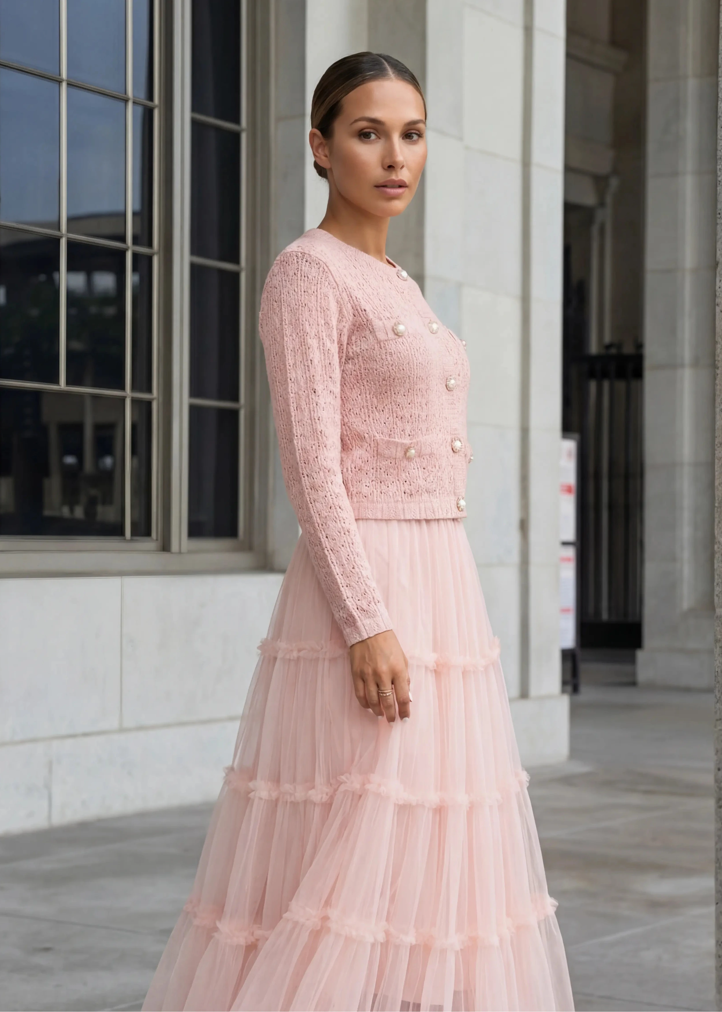 Blush pink knit cardigan and tiered tulle maxi skirt co-ord set by shoppegasi.