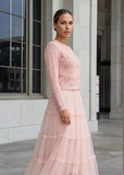 Blush pink knit cardigan and tiered tulle maxi skirt co-ord set by shoppegasi.