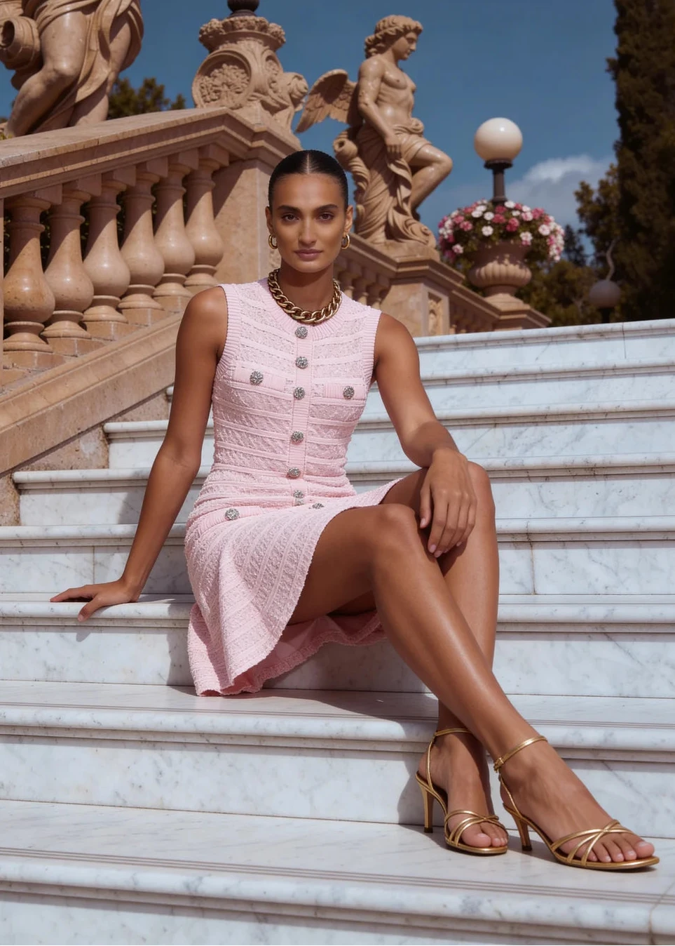 Women's blush pink knit mini dress showcasing a flattering fit and flare design and soft knit texture.