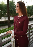 Burgundy ribbed knit belted dress with gold buttons from Shop Pegasi, Cyber Monday sale.