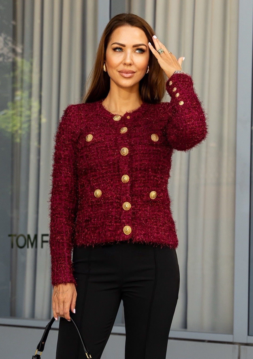 Burgundy Knit Jacket-Style Cardigan