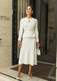 ShopPegasi Allegra midi dress in white with peplum design and waist belt, designed for polished chic and timeless elegance.