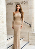 Front view of champagne formal maxi dress with crystal detail Shoppegasi