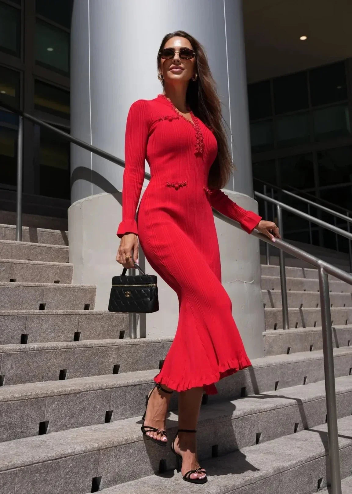 Alessia Ribbed Knit Midi Dress in Scarlet Red L Alessia Ribbed Knit Midi Dress in Scarlet Red L