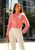 Chic Pink Knit Jacket-Style Cardigan with Gold Button Detail, Tailored Fit, and Fringe