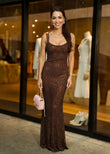 Chocolate brown sequin maxi dress for women, perfect for evening and formal events