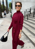 Cozy burgundy knit two-piece pants set for women