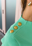 Short Sleeve Knitted Top with Buttons - Mint Green