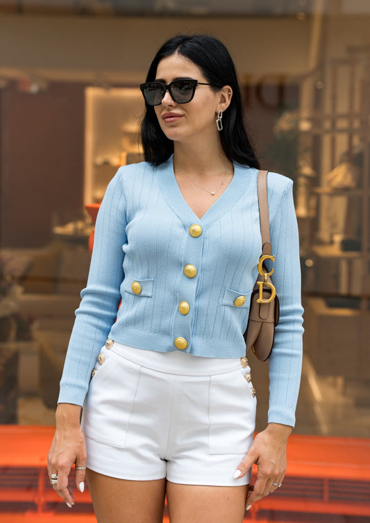 Cropped Ribbed Knitted Cardigan - Light Blue