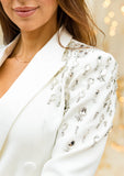 Satin Collar Blazer Dress With Crystal Embellishments - White