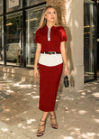 Deep red ribbed knit co ord top and midi skirt set