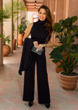  Eirini Knitted Three-Piece Pants Set in Black – a stylish and cozy ensemble featuring a knit top, cardigan, and pants, perfect for layering.