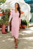Elegant blush pink knitted midi dress suitable for casual and evening looks