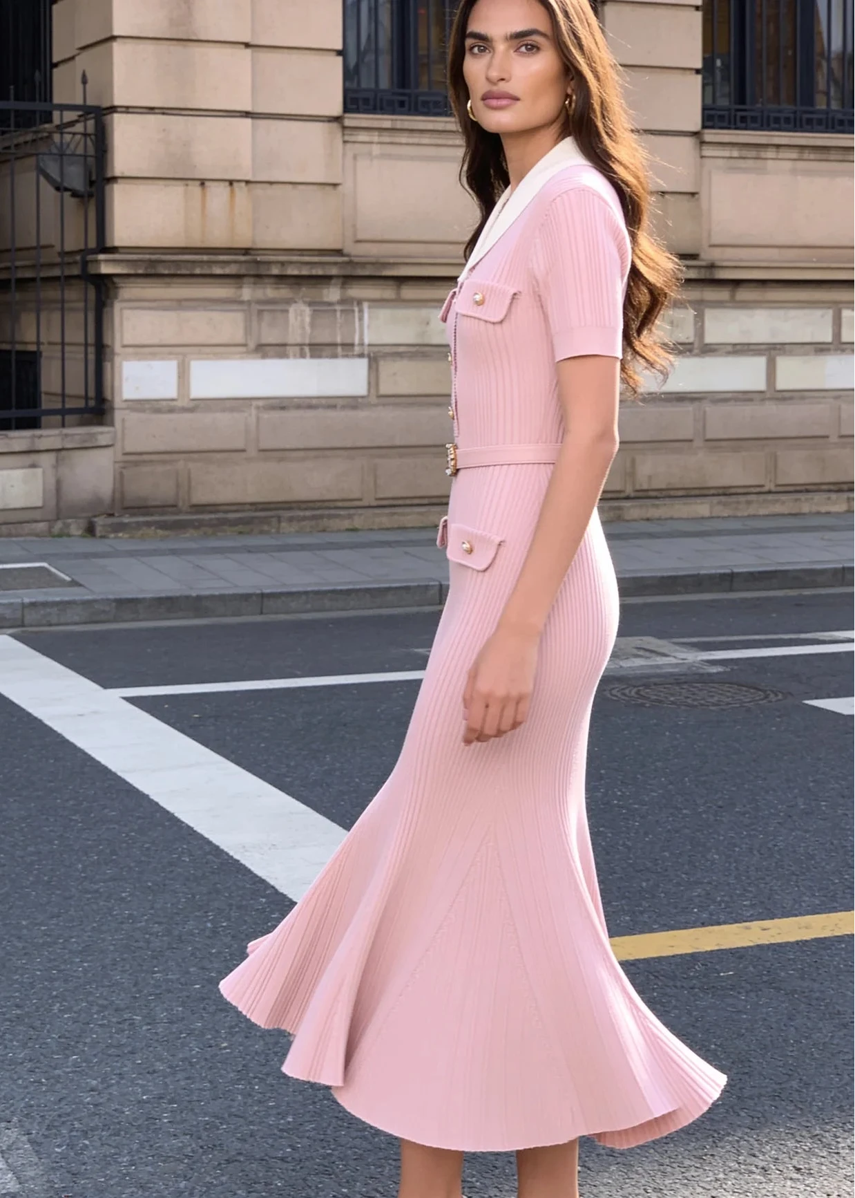 Stella Pink Belted Ribbed Knit Midi Dress — Pearl Buttons
