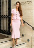 Short sleeve pink knit cardigan and skirt set – feminine and breathable by Shoppegasi