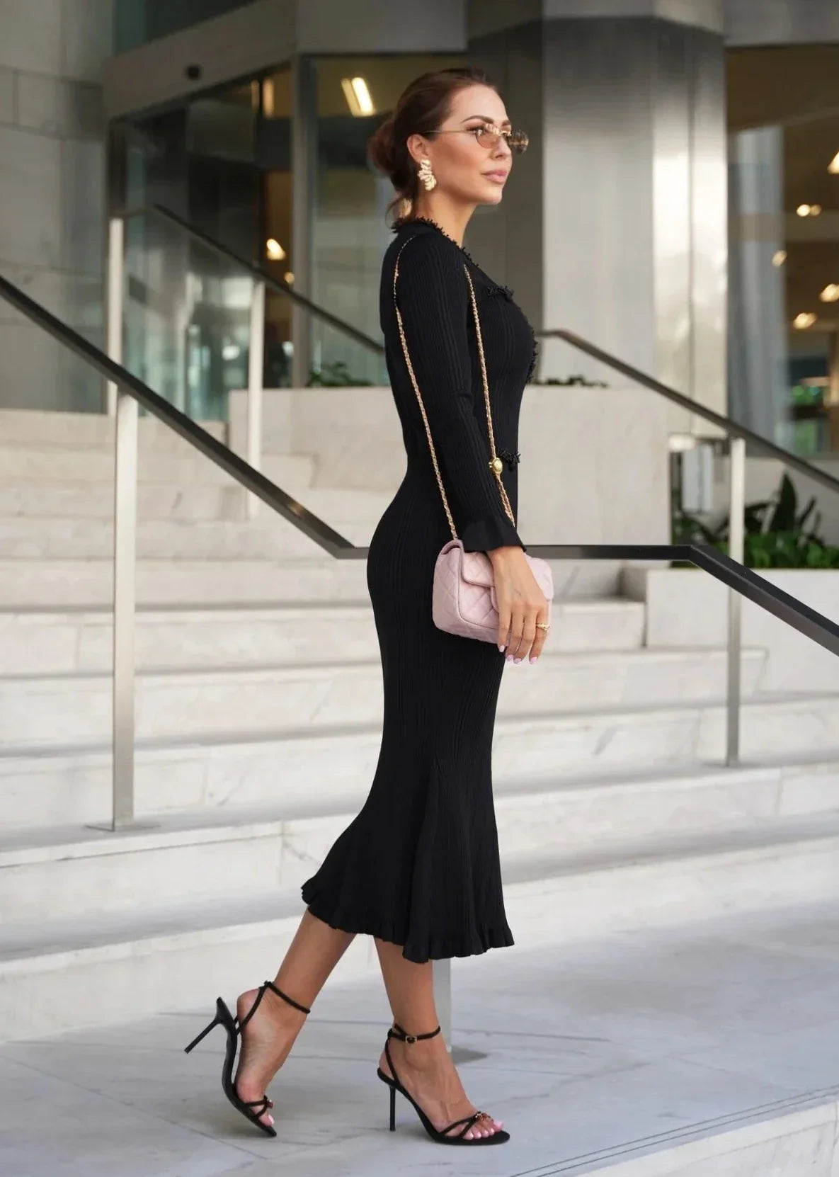 Elora Ribbed Midi Dress in Noir Black - PEGASI S Elora Ribbed Midi Dress in Noir Black - PEGASI S