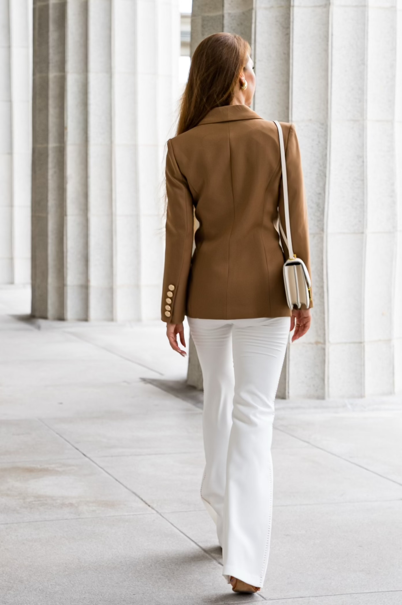 Women’s brown double breasted blazer with structured silhouette