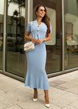 Midi Skirt & Short Sleeve Cardigan Set in Pointelle Knit - Light Blue