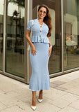 Midi Skirt & Short Sleeve Cardigan Set in Pointelle Knit - Light Blue