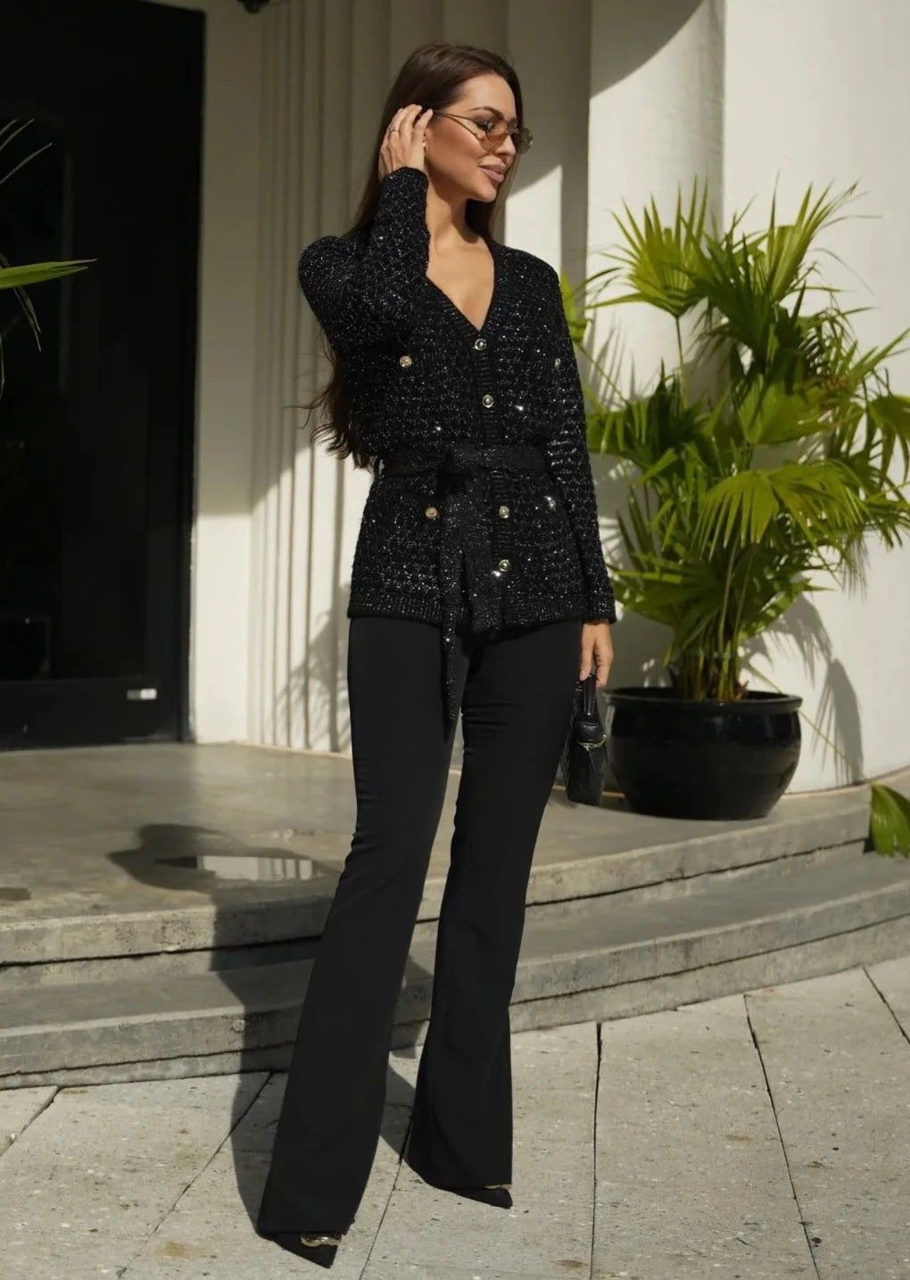 Black Sequin Knit Belted Cardigan
