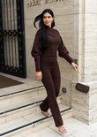 Cashmere Blend Knit Sweater & Flare Pants Set - Brown
