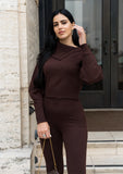 Cashmere Blend Knit Sweater & Flare Pants Set - Brown
