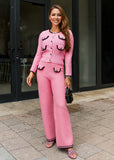 Pink Tweed Knit Cardigan & Wide-Leg Pants Set