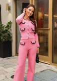 Pink Tweed Knit Cardigan & Wide-Leg Pants Set