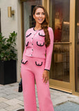 Pink Tweed Knit Cardigan & Wide-Leg Pants Set