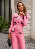 Pink Tweed Knit Cardigan & Wide-Leg Pants Set