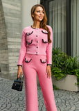Pink Tweed Knit Cardigan & Wide-Leg Pants Set
