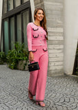 Pink Tweed Knit Cardigan & Wide-Leg Pants Set