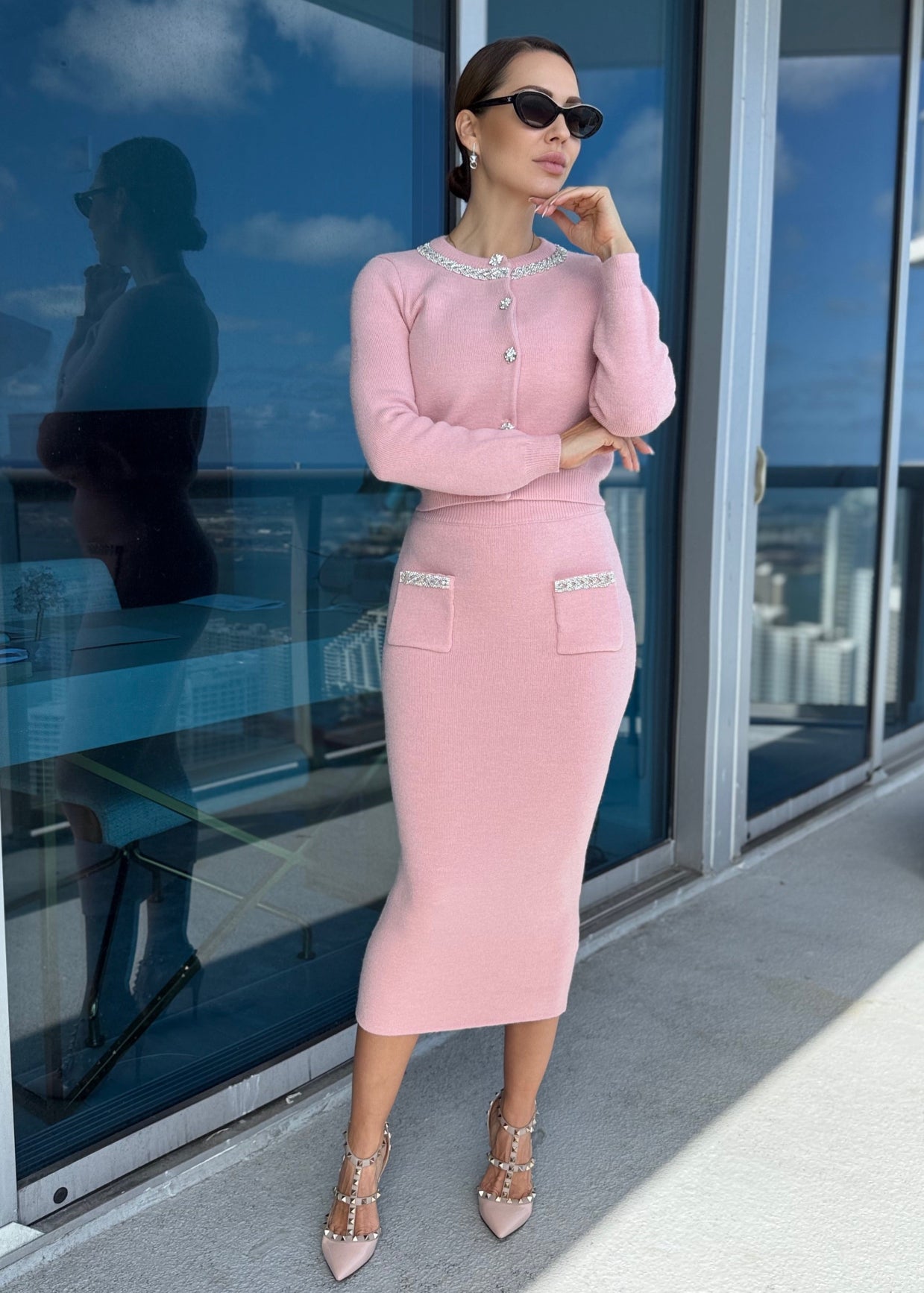 Kim Midi Skirt & Cardigan Set - Crystal Pink