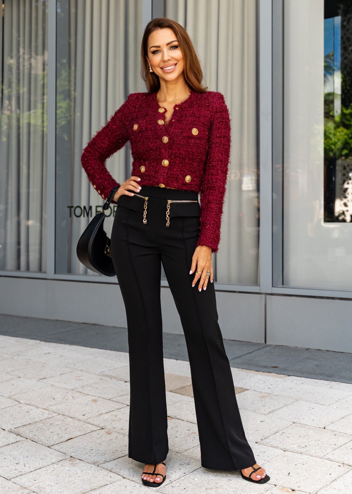 Black High-Waist Tailored Pants with Chain