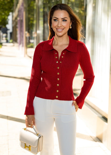 Georgia Burgundy Ribbed Polo Cardigan - shoppegasi